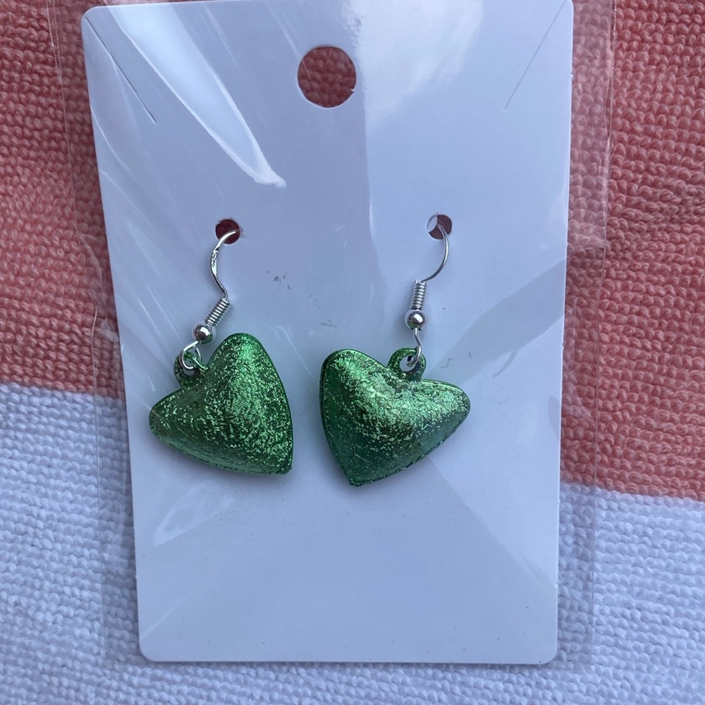 Sparkly Green Heart Earrings.
